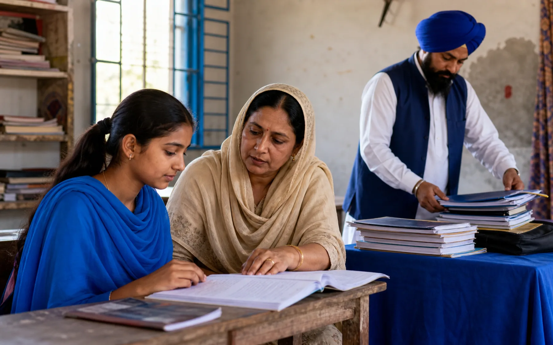 A student receiving learning support from a mentor and Punjabi Samvad representative