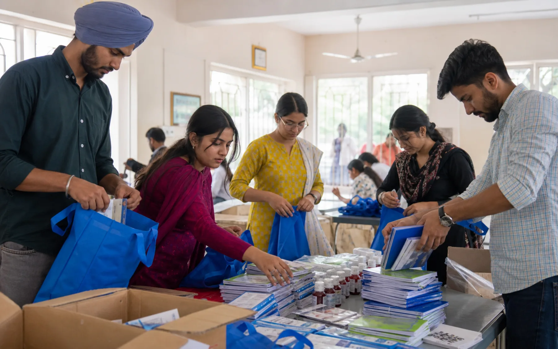 Punjabi volunteers preparing educational and health-awareness materials