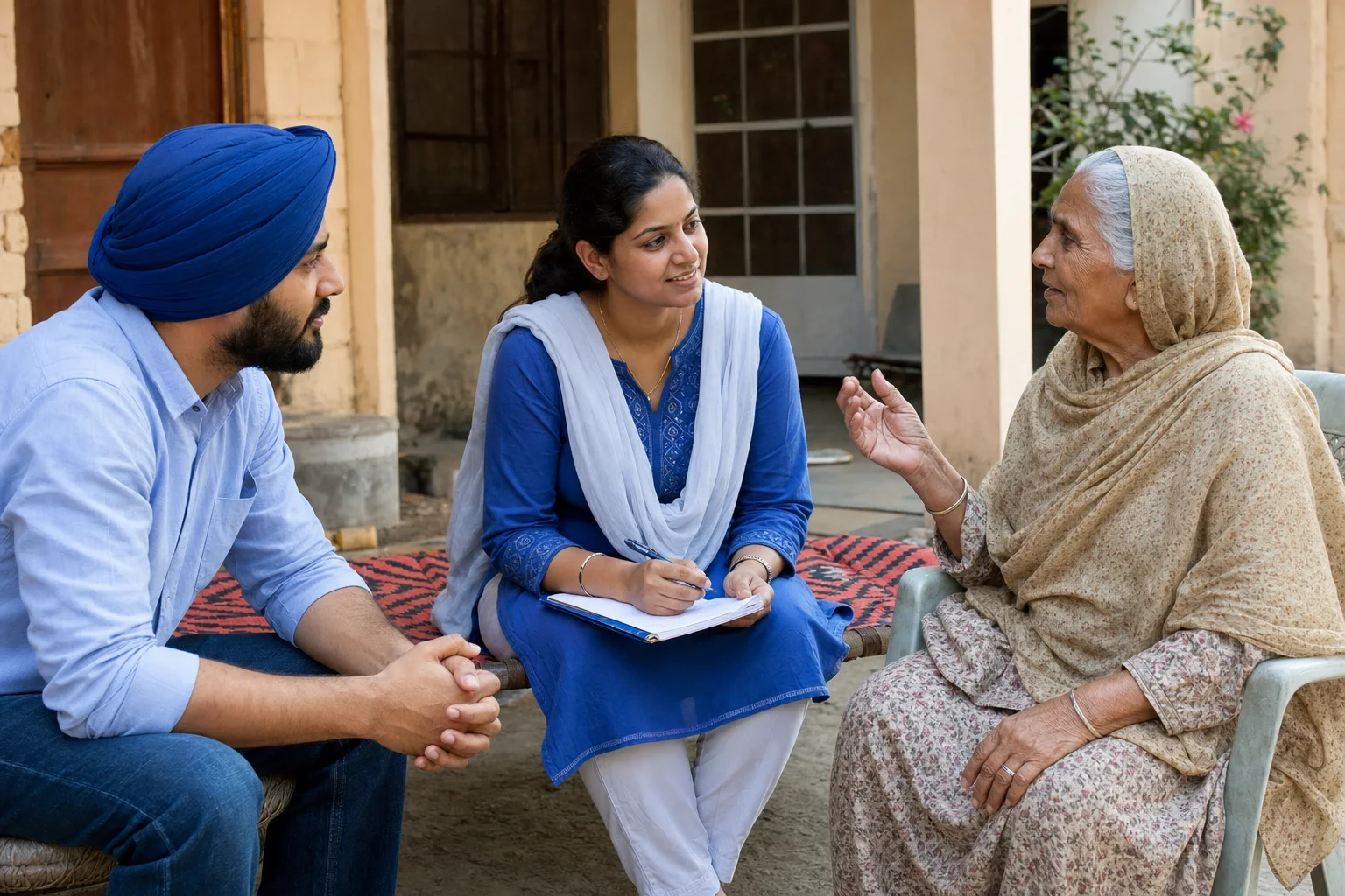 Punjabi Samvad field representatives listening to a community member