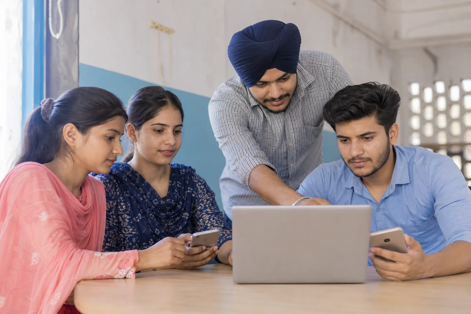 Young Punjabi learners collaborating around a laptop