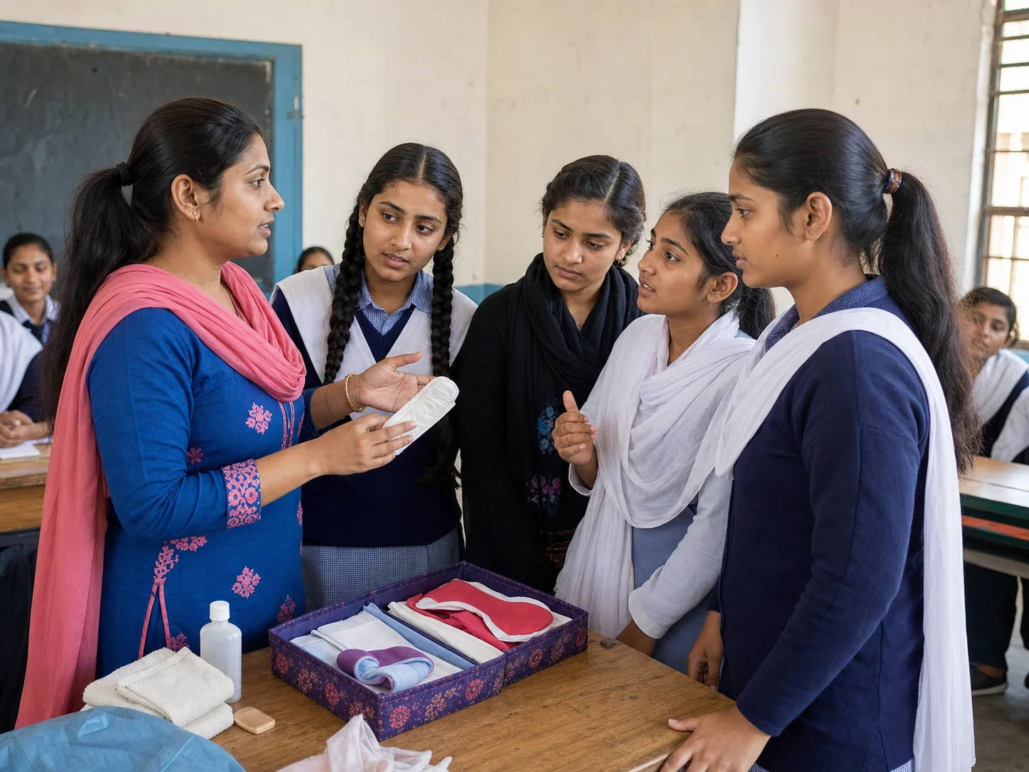 A menstrual-health educator speaking with Punjabi students